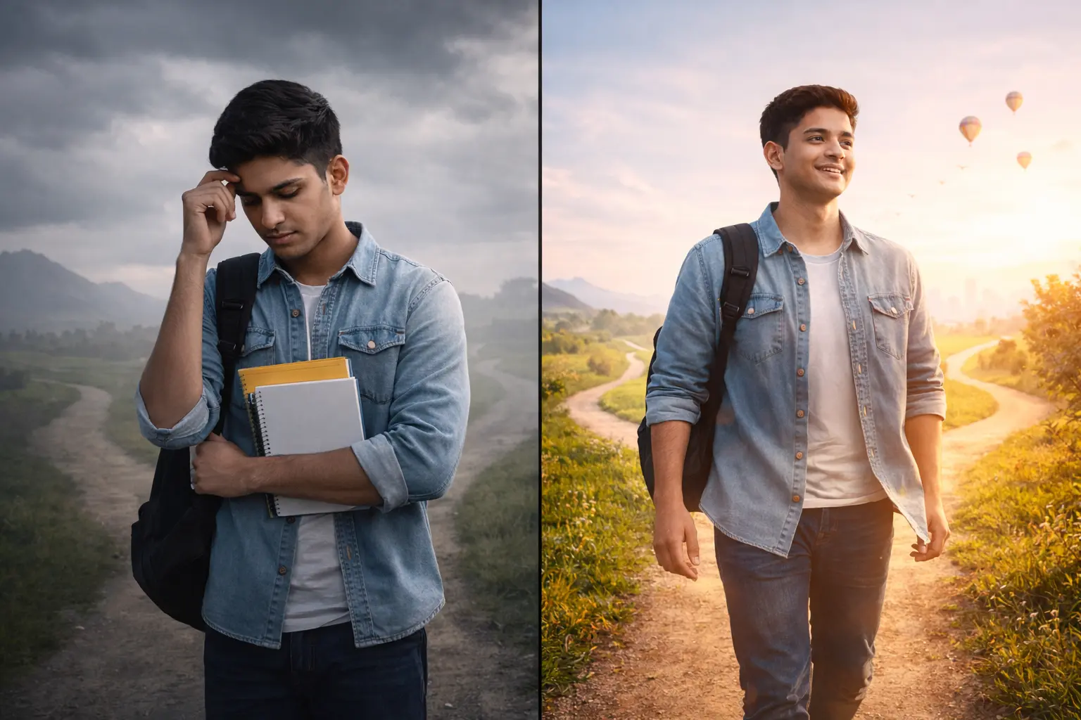 In a left side a student in a blue shirt with sad mood due to wrong career choice while in a right side a student in a good mood due to right career choice.
