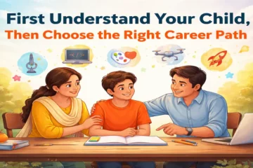 Parents (a man in blue and a woman in yellow) talking with their child in red, trying to understand his personality for a better future.