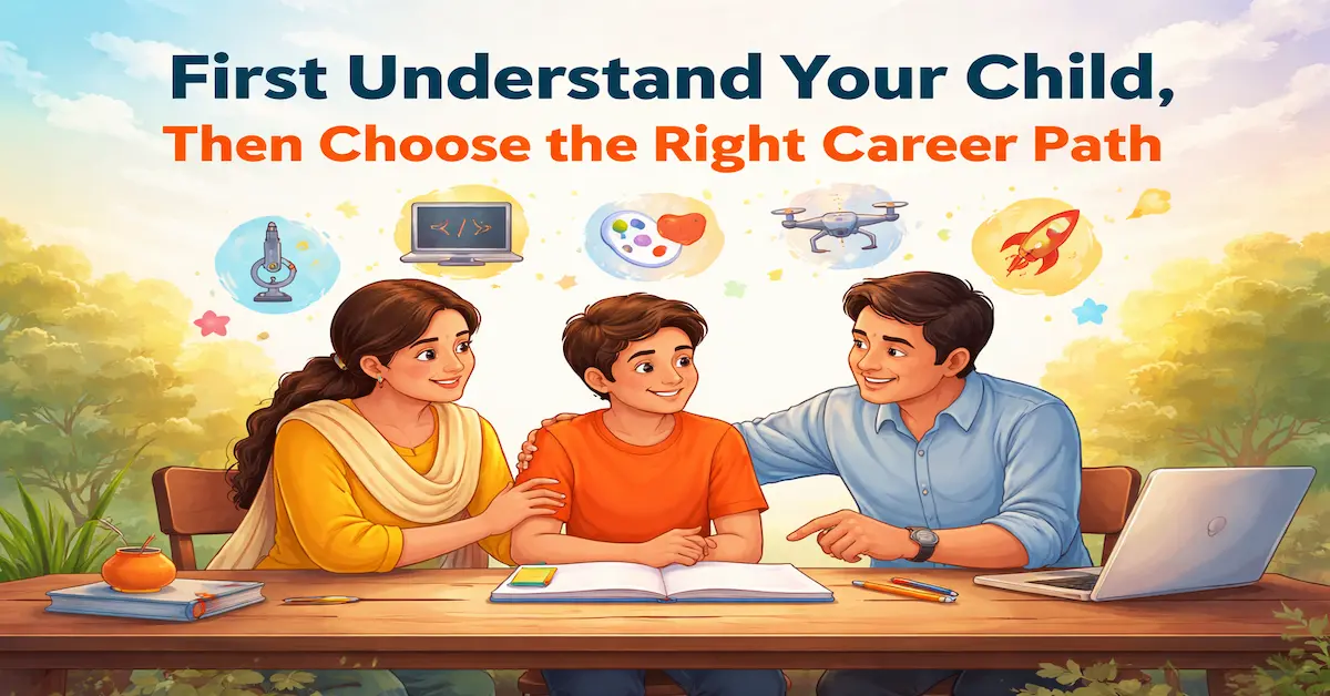 Parents (a man in blue and a woman in yellow) talking with their child in red, trying to understand his personality for a better future.
